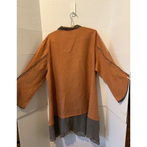 Peacock Ways Linen Blend Tunic Dress Orange Boho Artsy Asymmetrical Hem Embroide - Picture 2 of 14